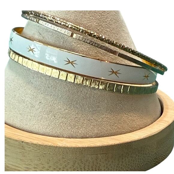 4 Gold Tone & White Enamel Bangle Bracelets Textured Stacking Set - Picture 2 of 6